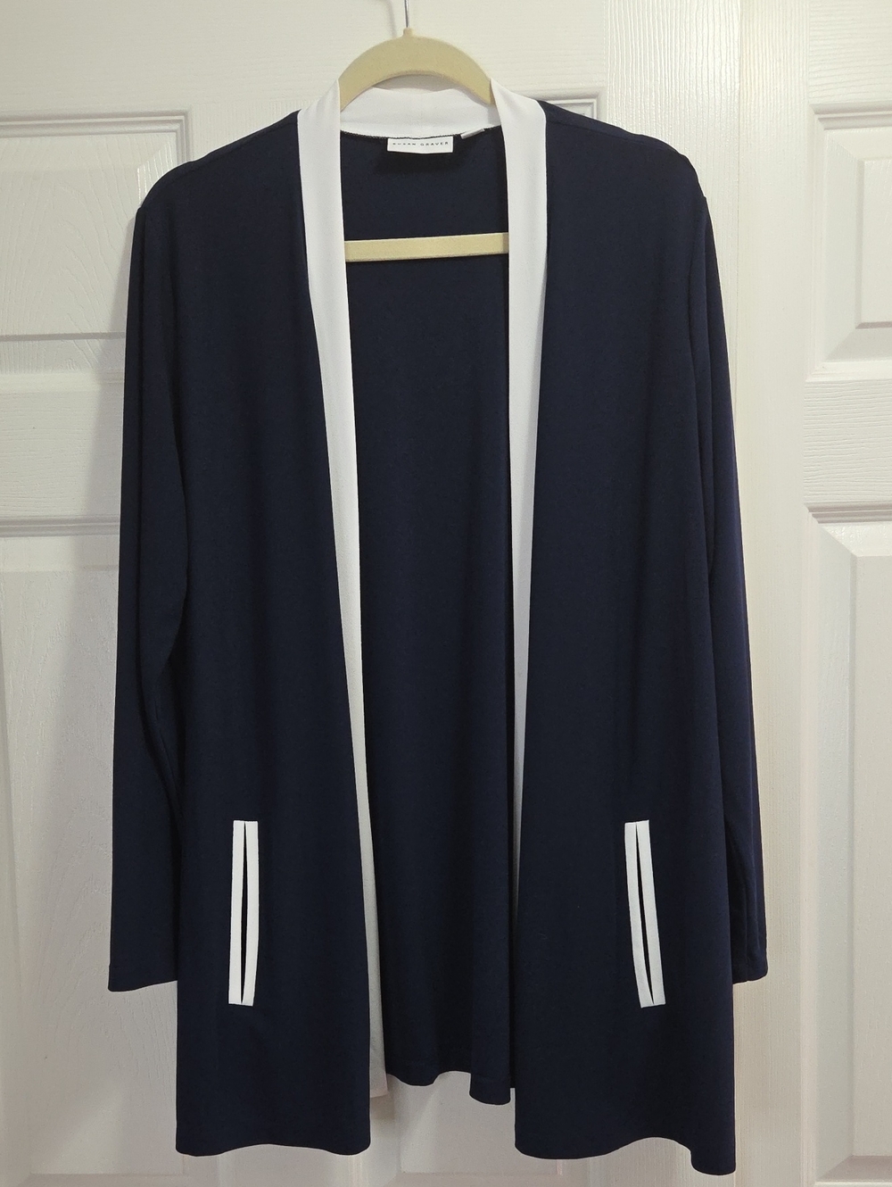Susan Graver Liquid Knit Navy Open-Front Cardigan with White Trim